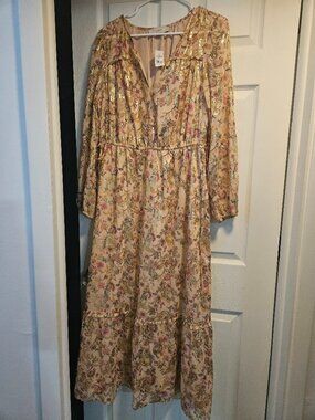 Loft Beige Long Sleeve Floor Length Dress with Gold accents NWT